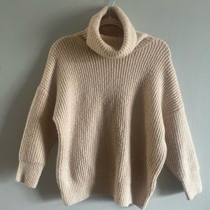 Neutral tan knit chunky turtleneck sweater
